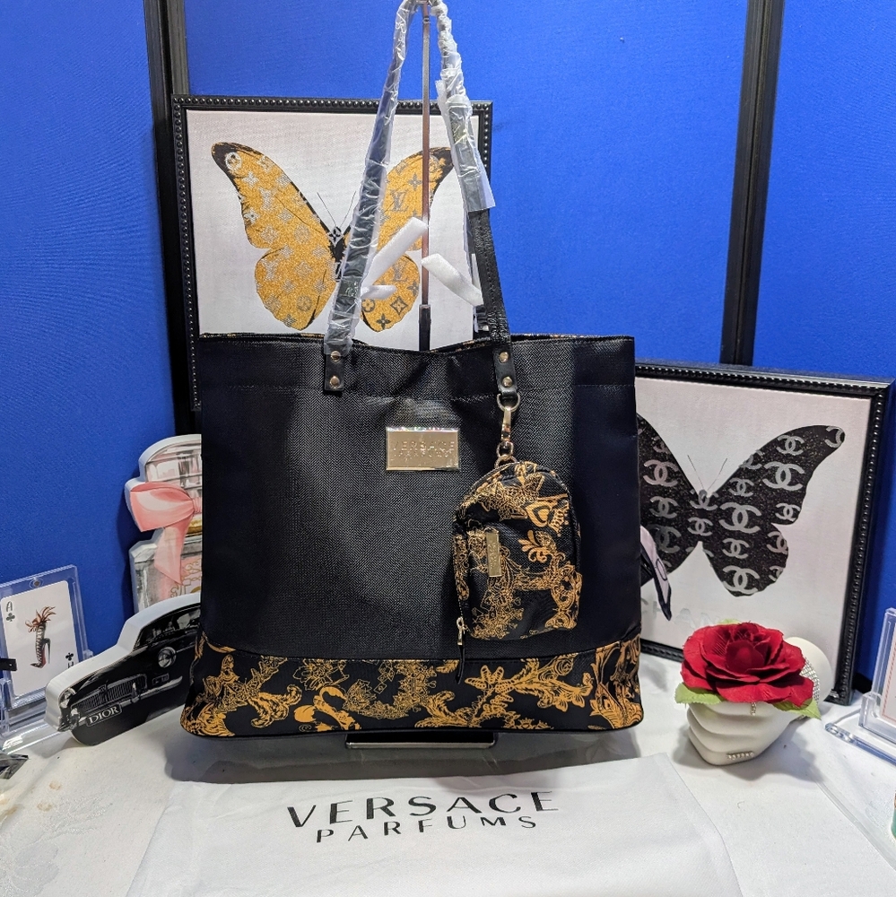 Versace Parfume Black And Gold Tote Bag With Pouch - NEW 🔥